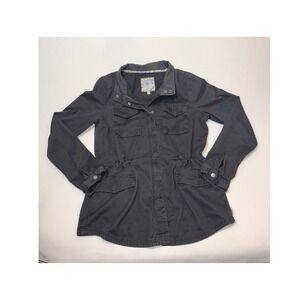 Element Women Black Utility Jacket Cinched Waist Field Coat Floral Trim Size M